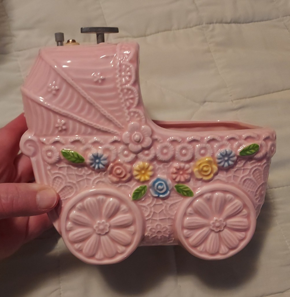 Napco Japan Planter Ceramic Pink Rock a Bye baby mechanism (needs work) EUC VTG